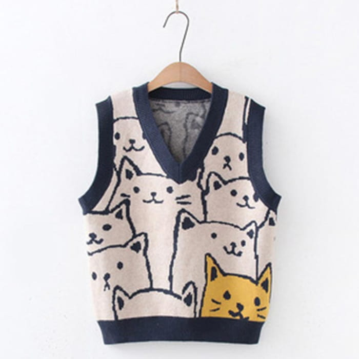 Cute Kitty Print Vest Lace Up Shirt Set - One Size