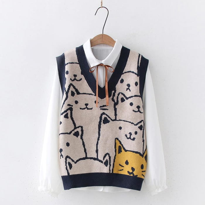 Cute Kitty Print Vest Lace Up Shirt Set - One Size