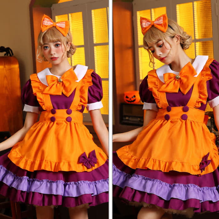 Cute Orange Bow Decor Puff Sleeve Maid Dress