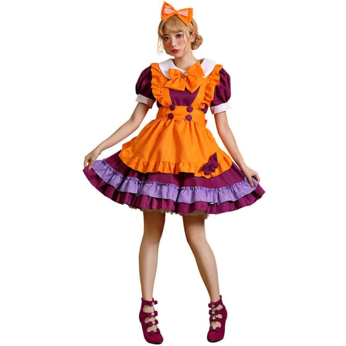 Cute Orange Bow Decor Puff Sleeve Maid Dress
