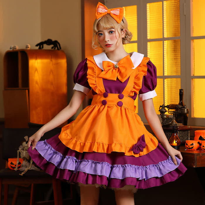 Cute Orange Bow Decor Puff Sleeve Maid Dress - S