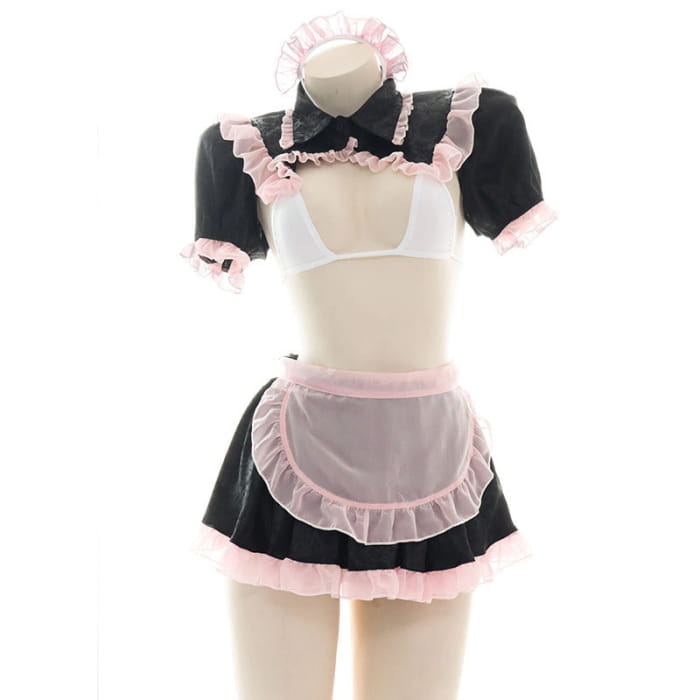 Cute Pink Lace Maid Lingerie Set - Black / One Size