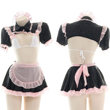 Cute Pink Lace Maid Lingerie Set - Black / One Size