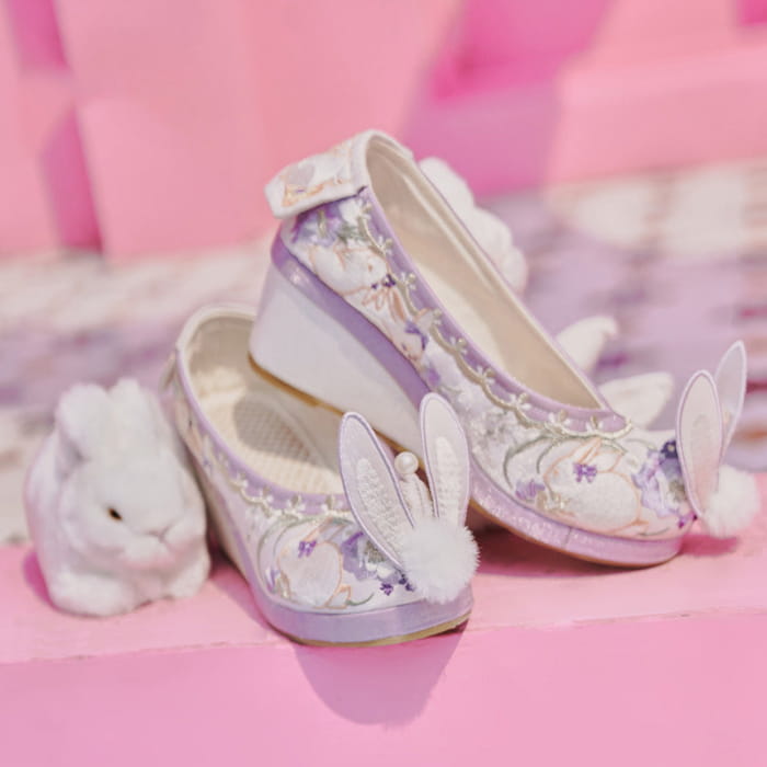 Cute Purple Bunny Fuzzy Ball Platform High Heels Shoes