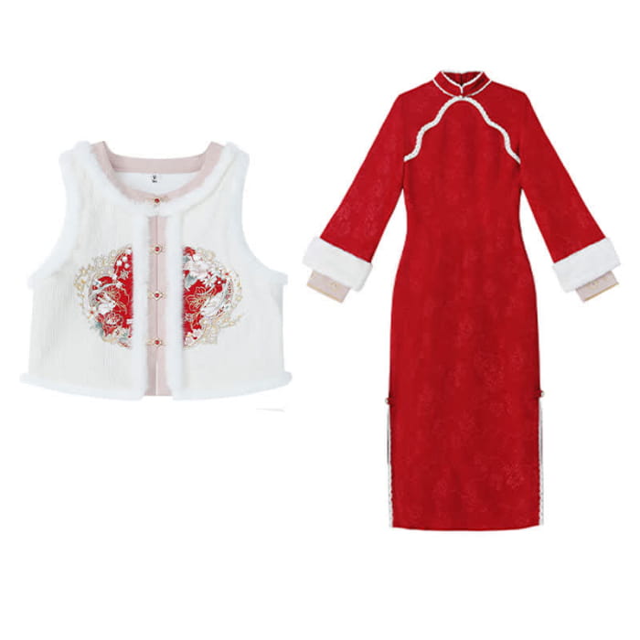 Cute Rabbit Cardigan Vest Split Cheongsam Dress - Set / S