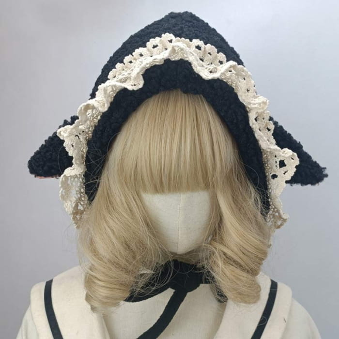 Cute Sheep Ears Lace Lolita Hat Warm - Black (Lace) / M