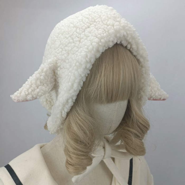 Cute Sheep Ears Lace Lolita Hat Warm - Creamy-White / M