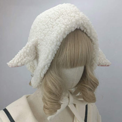 Cute Sheep Ears Lace Lolita Hat Warm - Creamy-White / M