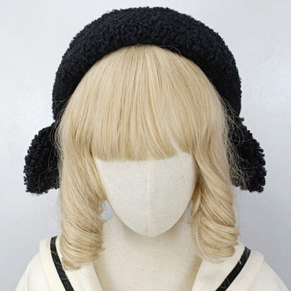 Cute Sheep Ears Woolen Lolita Beret - Black / One Size