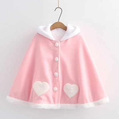 Cute Wings Ears Love Heart Hooded Short Cloak Coat - Pink