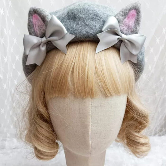 Cute Woolen Bow Beret Warm - Grey (Cat Ears) / M (56-58cm)