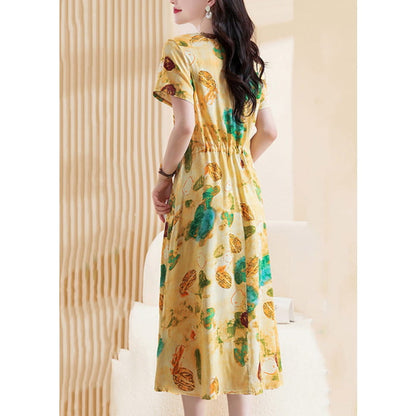 Cute Yellow Print Tie Waist Maxi Dresses Short Sleeve