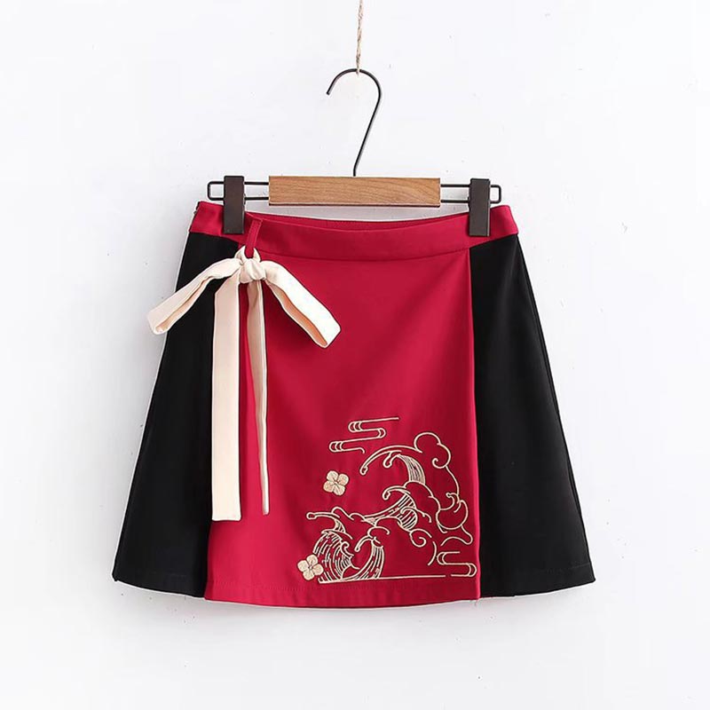 Vintage Red Embroidery Hoodie Bow Knot Skirt Set - S