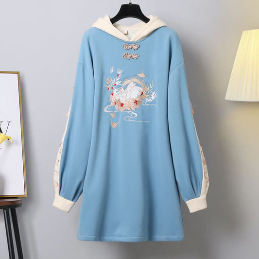 Vintage Rabbit Embroidery Colorblock Plush Hooded Sweatshirt Dress