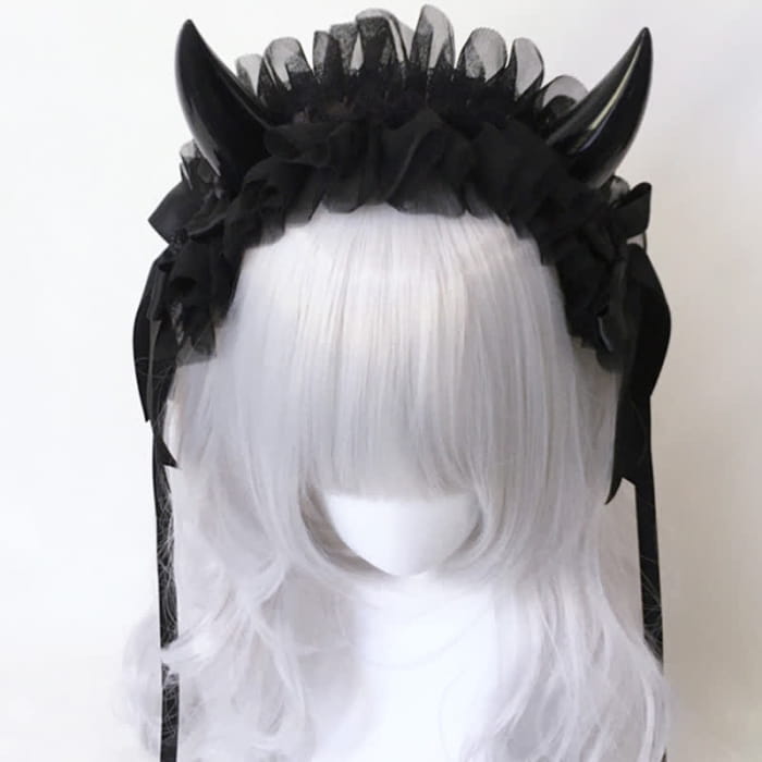 Dark Demon Horn Lace Hair Accessory - Black / One Size
