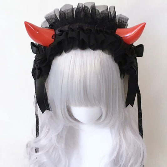 Dark Demon Horn Lace Hair Accessory - Red / One Size