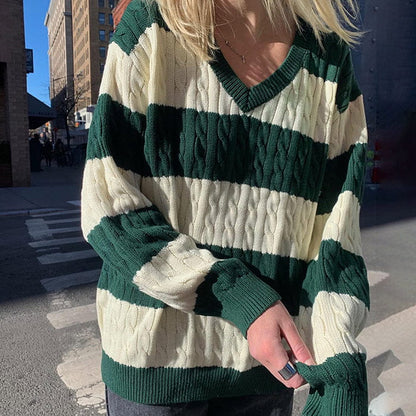 Dark Green Striped Knit Jumper - S / Green/white - Sweater