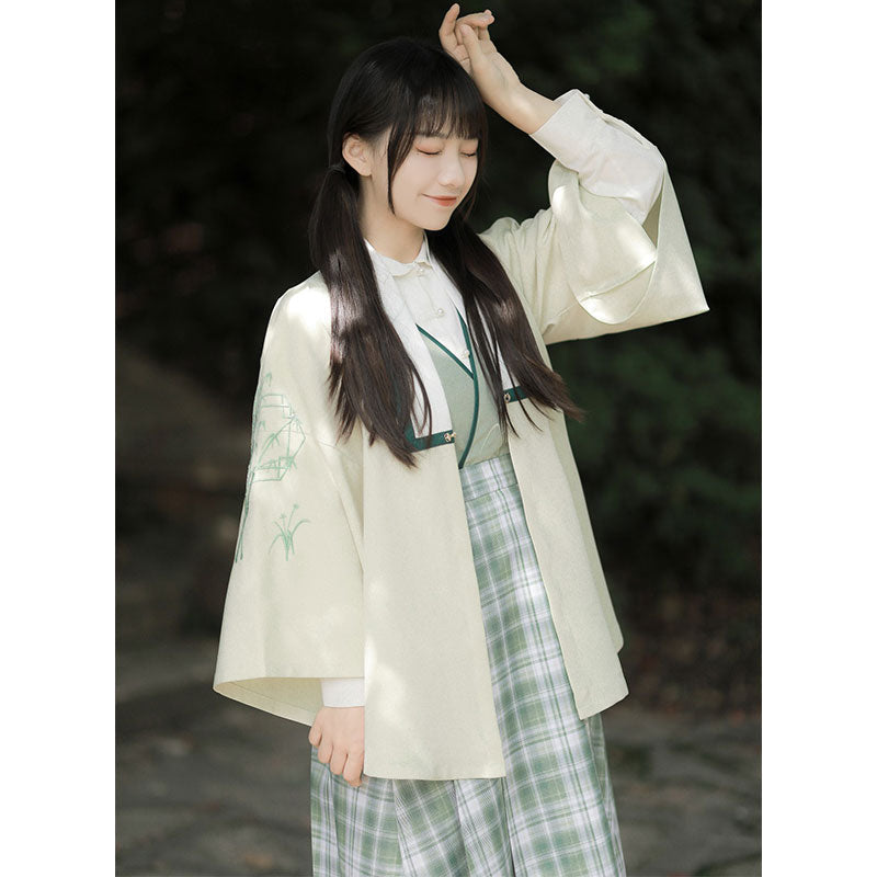 Sweet Bamboo Shirt Plaid Skirt Outerwear Set