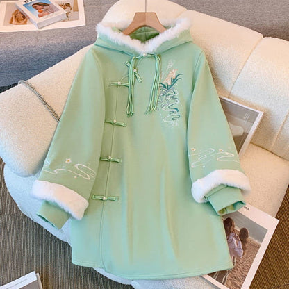 Delicate Flower Embroidery Buckle Plush Hooded Sweatshirt