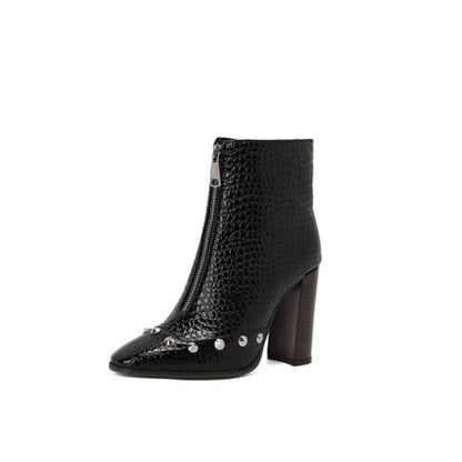 Denim Studded Pointed Toe Chunky Heel Short Boots - Black