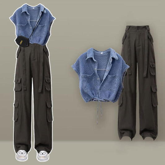 Denim Top Casual Pocketed Cargo Pants - Set A / M