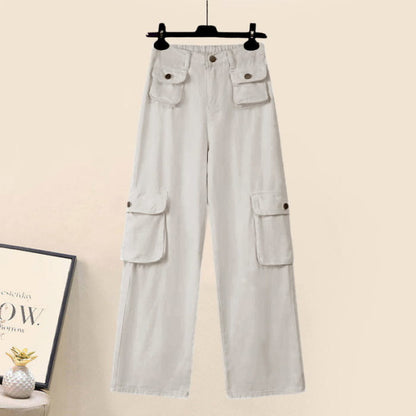 Denim Top Casual Pocketed Cargo Pants - White / M