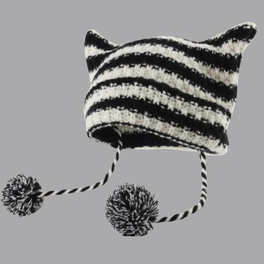 Devil Ear Striped Pom Knit Beanie