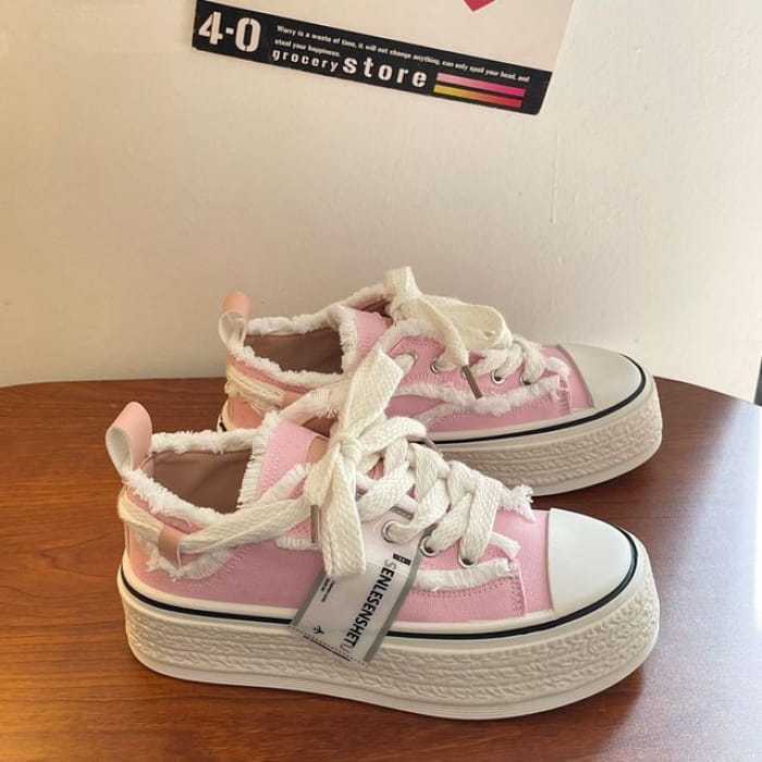 Distressed Canvas Platform Sneakers - Pink / 35