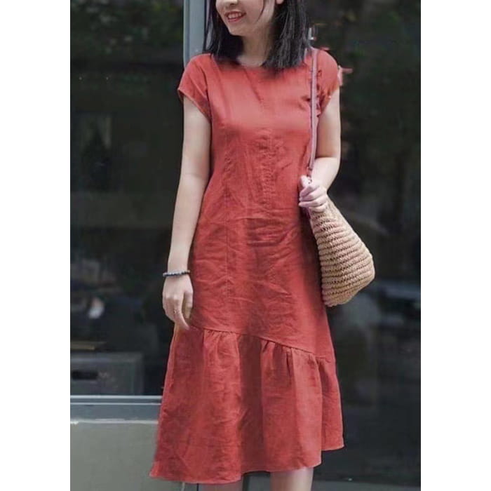 DIY Red Asymmetrical Patchwork Mid Dresses Short Sleeve