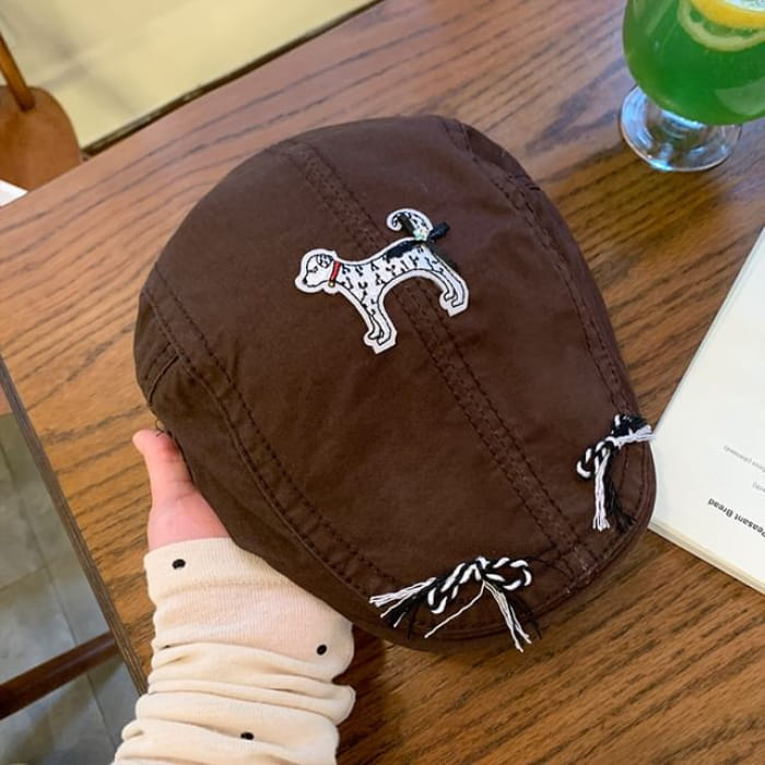 Dog Applique Flat Cap - Coffee / One Size