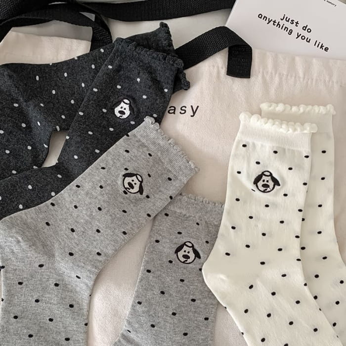 Dog Embroidered Dotted Socks / Set