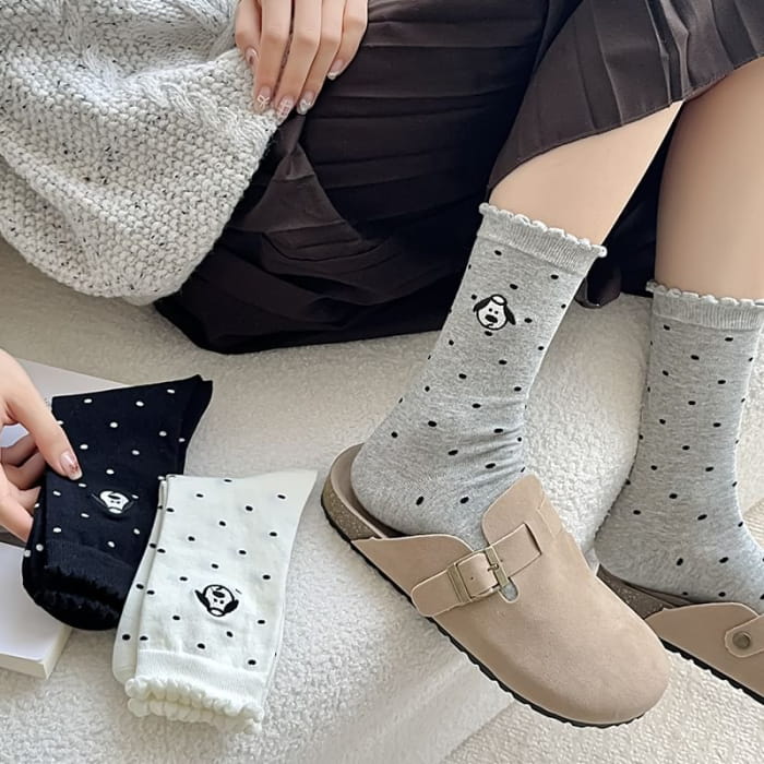 Dog Embroidered Dotted Socks / Set