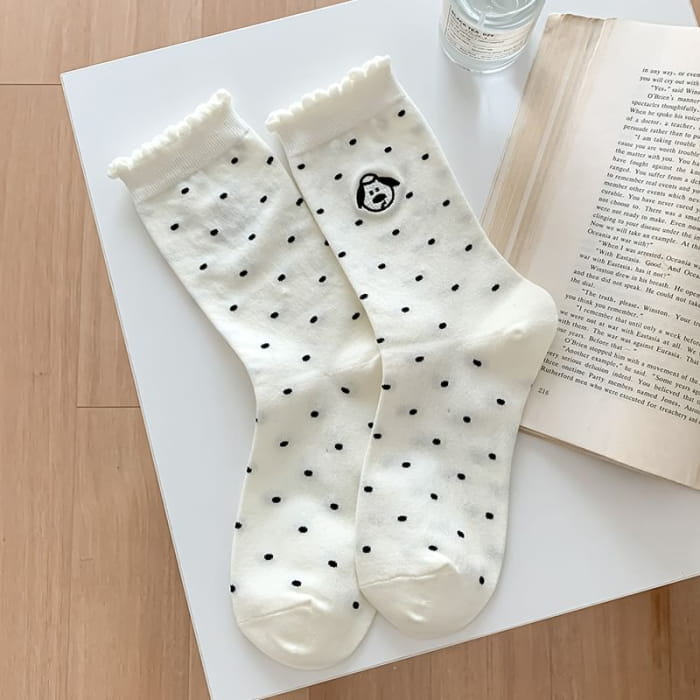 Dog Embroidered Dotted Socks / Set