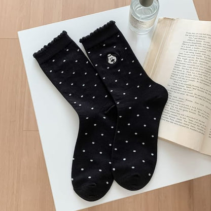 Dog Embroidered Dotted Socks / Set - Black / One Size