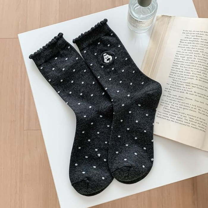 Dog Embroidered Dotted Socks / Set - Dark Gray / One Size