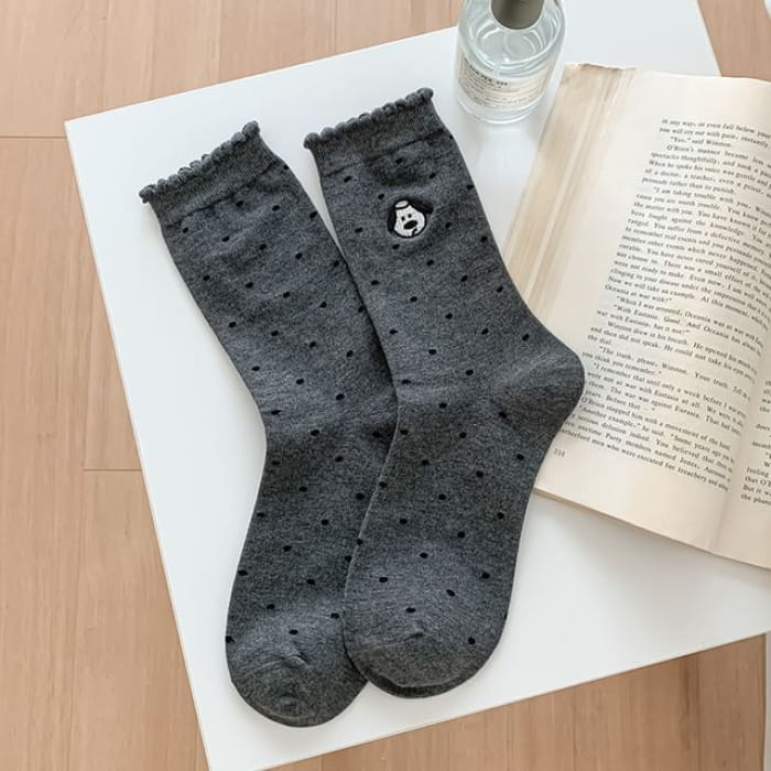 Dog Embroidered Dotted Socks / Set - Gray / One Size