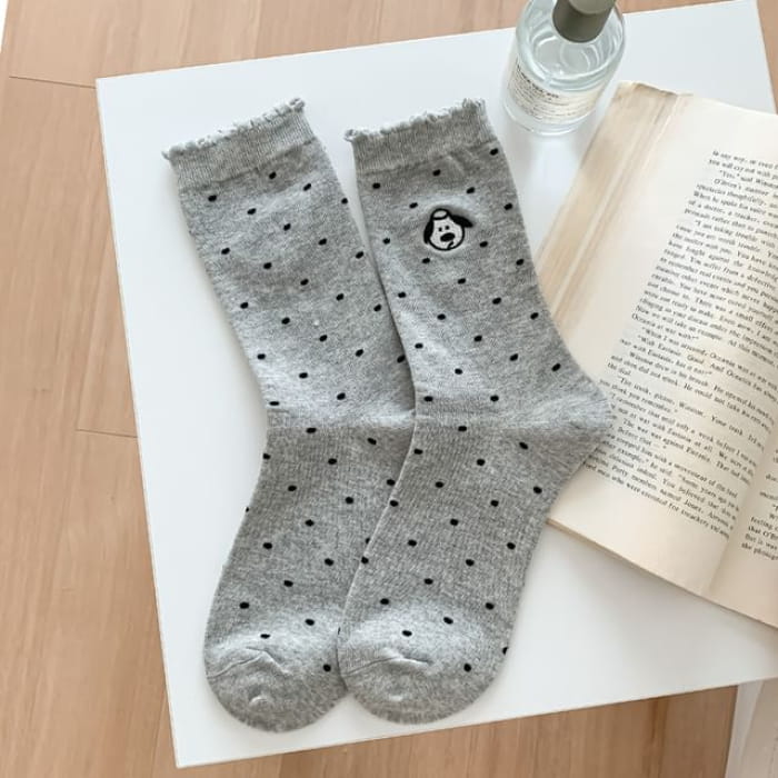 Dog Embroidered Dotted Socks / Set - Light Gray / One Size