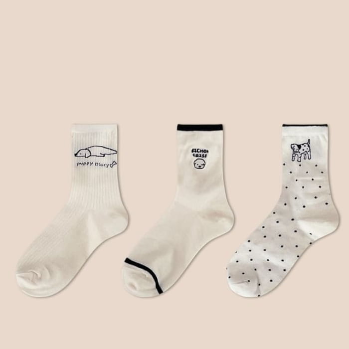 Dog Embroidered Socks Set - Edition 06 - 3 Pair - Black &