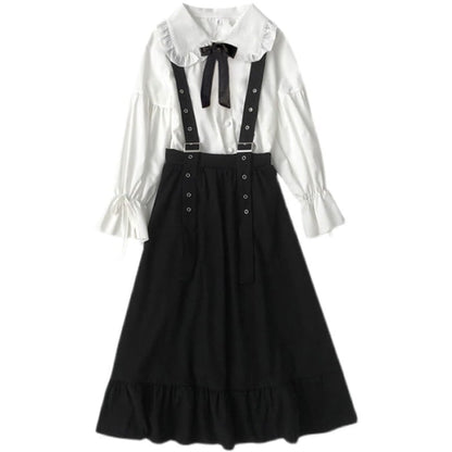 Doll Collar Bow Decor Shirt Suspender Skirt Set - Black