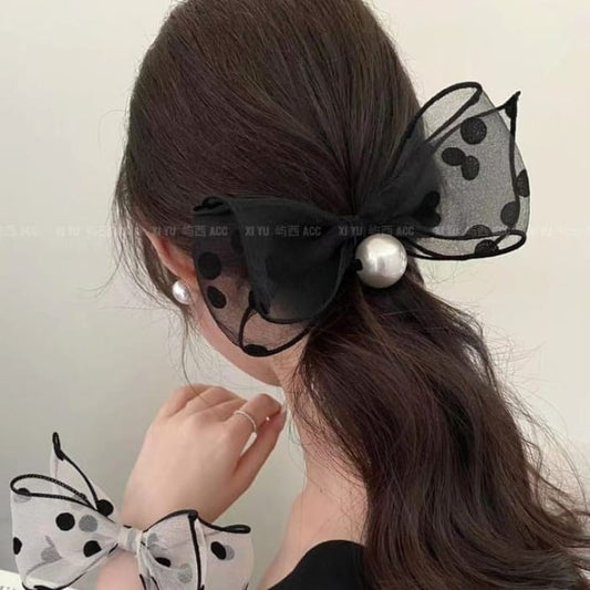 Dotted Bow Faux Pearl Hair Tie