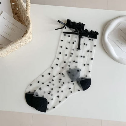 Dotted Bow Sheer Socks - Black / One Size