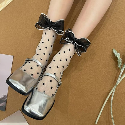 Dotted Lace Bow Mesh Socks - Front - Black / One Size