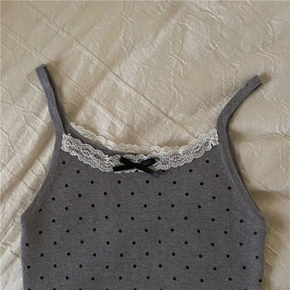 Dotted Lace Trim Bow Camisole Top - Gray / One Size