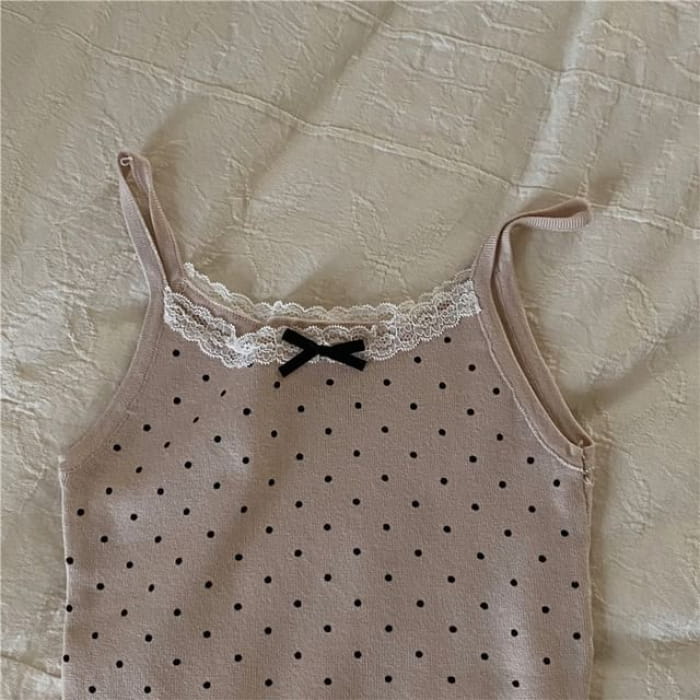 Dotted Lace Trim Bow Camisole Top - Khaki / One Size