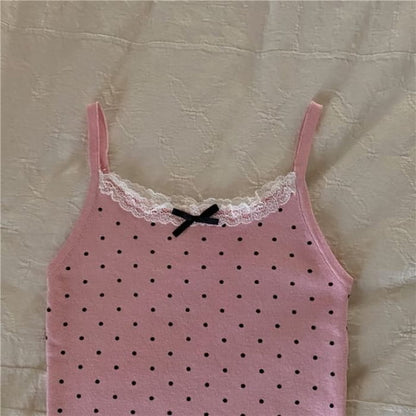 Dotted Lace Trim Bow Camisole Top - Pink / One Size