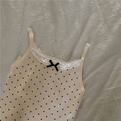 Dotted Lace Trim Bow Camisole Top - Yellow / One Size