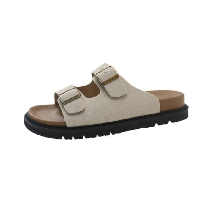 Double Buckle Plain Slide Sandals - Beige / 35