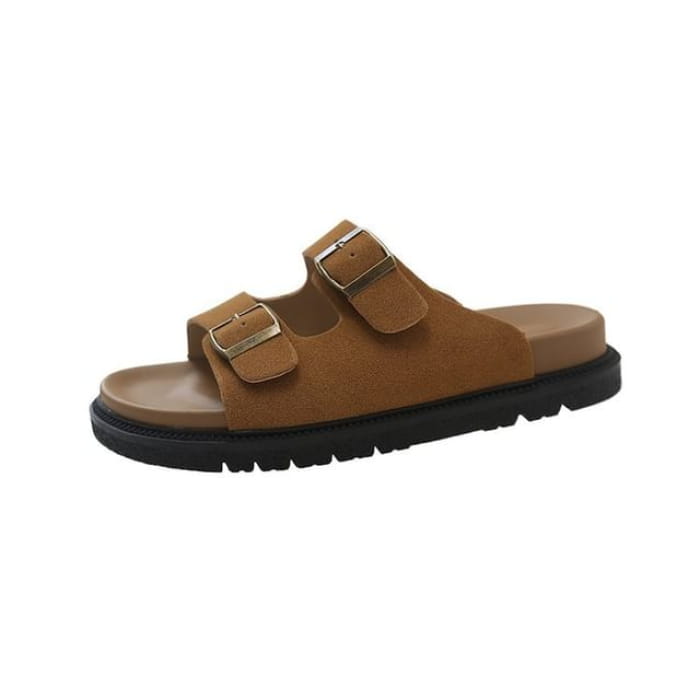 Double Buckle Plain Slide Sandals - Brown / 35