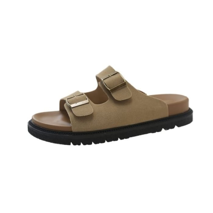 Double Buckle Plain Slide Sandals - Khaki / 35