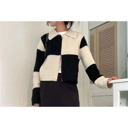 Double-Ended Zip Color Block Lattice Knit Cardigan